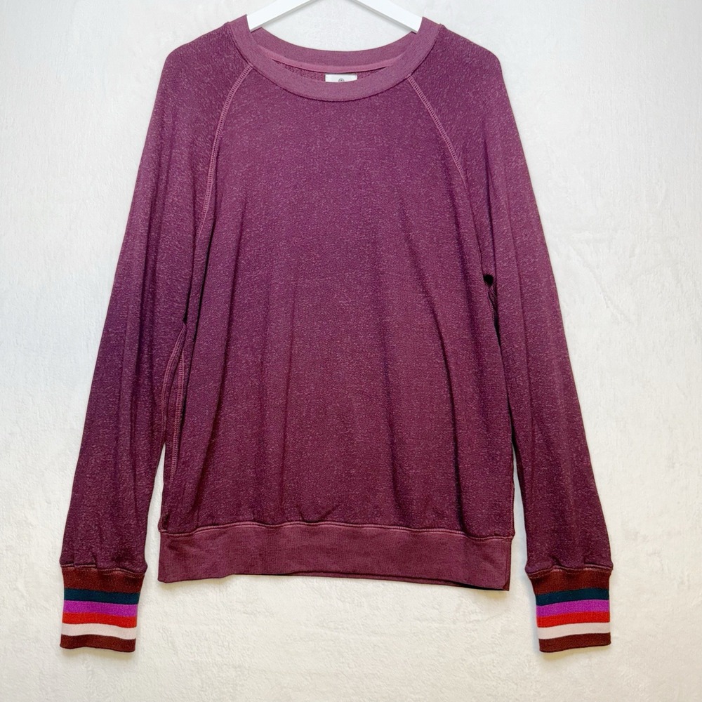 SUNDRY Heathered Maroon Striped Cuff‎ Slouchy Sweatshirt French Terry Sz 2/M